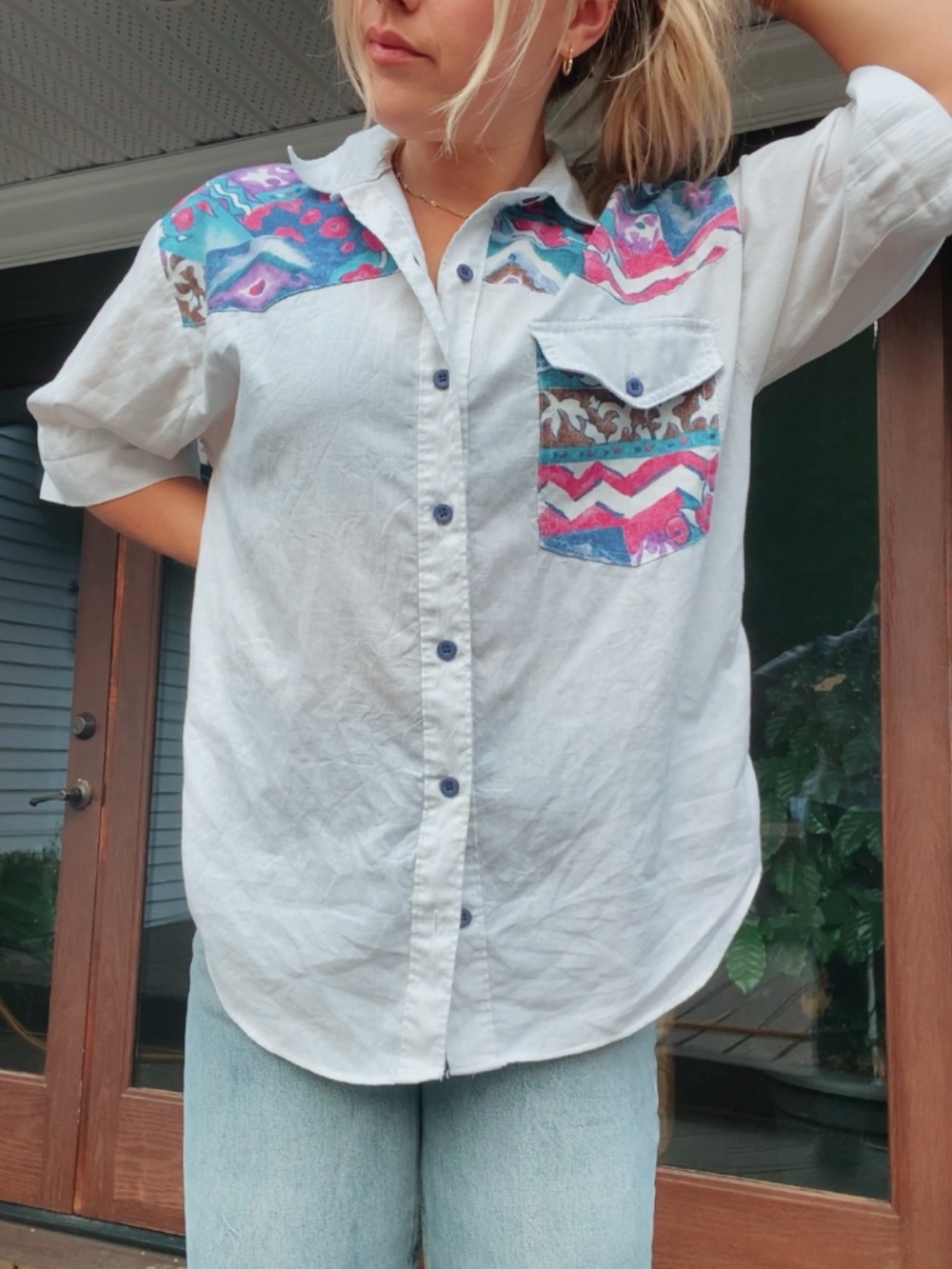 Vintage White womens Button-Up Shirt with Colorful Southwestern detail